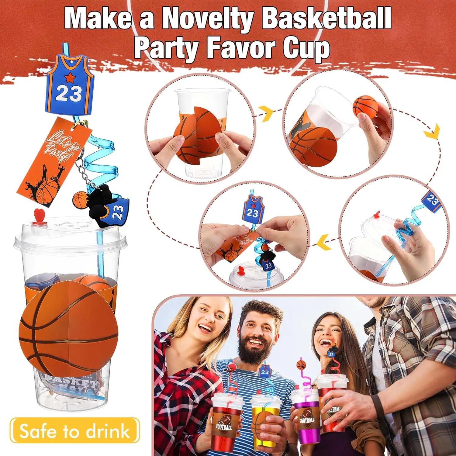 195 Pcs Basketball Party Favors Set Goodie Bag Stuffer with Cup Straw Sleeve Bouncy Ball Pinball Machine Whistle Keychain Sticker Clap Bracelet for Sport Reward Birthday Gift Party Supplies