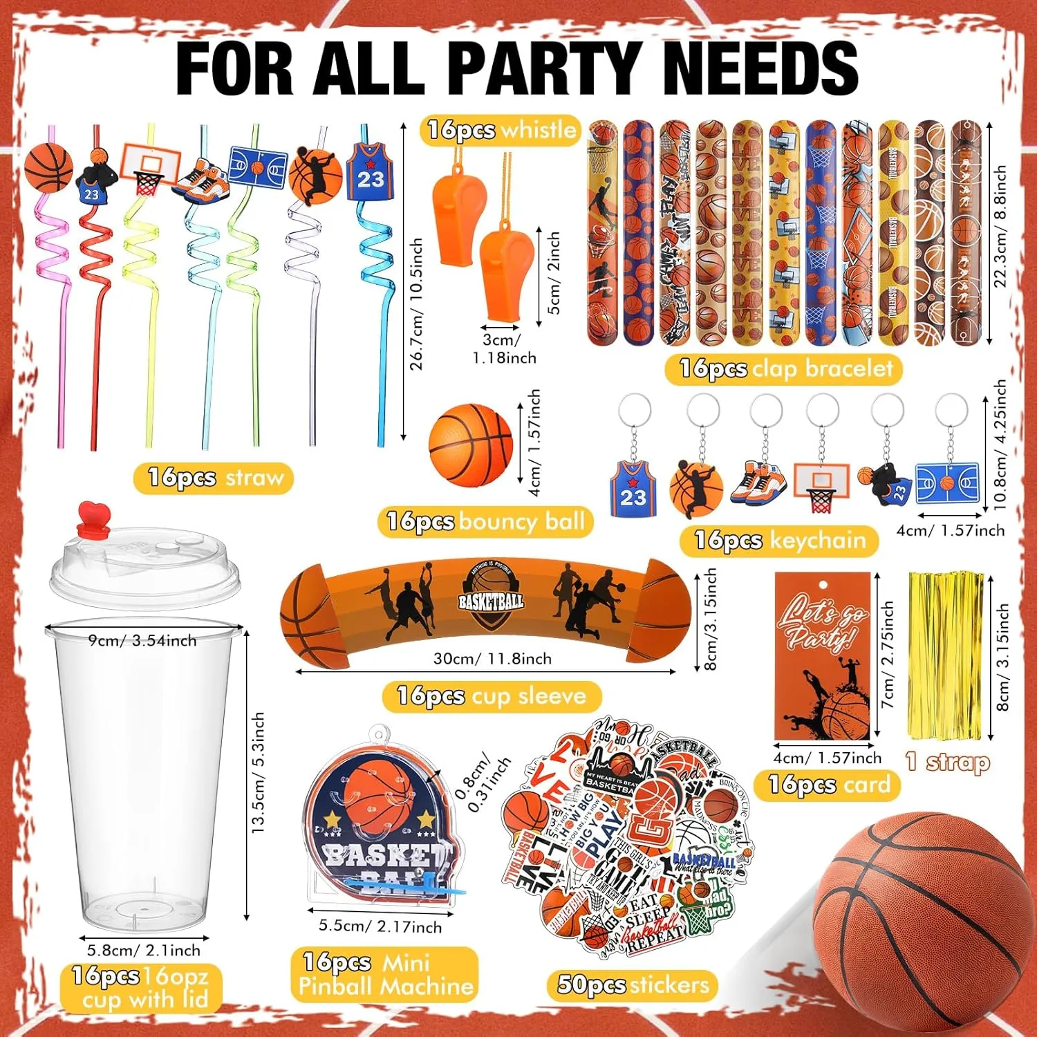 195 Pcs Basketball Party Favors Set Goodie Bag Stuffer with Cup Straw Sleeve Bouncy Ball Pinball Machine Whistle Keychain Sticker Clap Bracelet for Sport Reward Birthday Gift Party Supplies