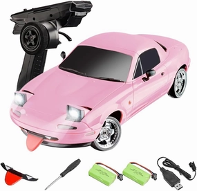 1/18 Scale RC Drift Car, Remote Control Drift Car with Gyro, 2.4GHz RWD Drifting Adults with ESP Gyro Pop-up Light, Hobby RC Car for Adult - Pink/2 Battery