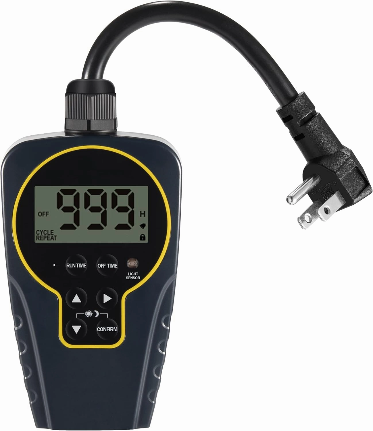 1 s to 999 h Short/Long On-Off Interval Repeat Cycle Timer Plug Outlet with Countdown and Light Sensor, Waterproof for Outdoor (15A ¾HP)
