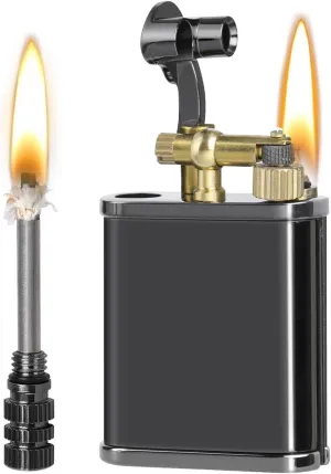 2 in 1 Retro Foldable Lighter,Vintage Trench Lighter, Permanent Match, Brass Lighters, Antique Kerosene Lighters Fluid Refillable, Reusable Waterproof Forever Matches, Classic Gift for Men(Black)