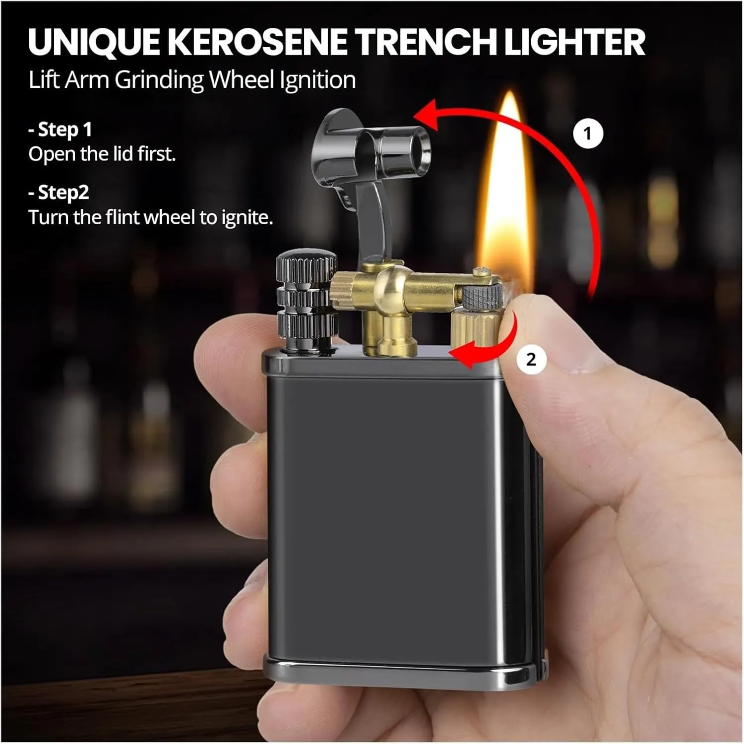 2 in 1 Retro Foldable Lighter,Vintage Trench Lighter, Permanent Match, Brass Lighters, Antique Kerosene Lighters Fluid Refillable, Reusable Waterproof Forever Matches, Classic Gift for Men(Black)