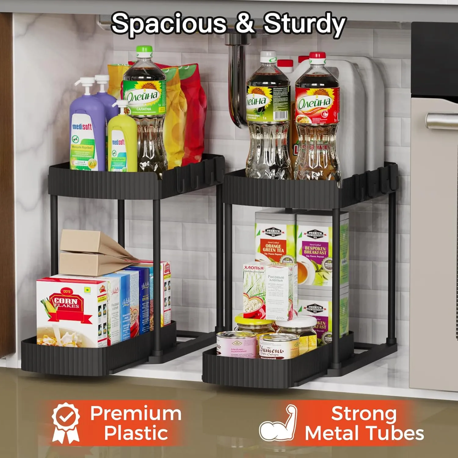 2 Pack Multi-Purpose Pull-Out Storage Organizers, Under Sink Organizers and Storage for Bathroom & Kitchen, Under Cabinet Organizers and storage, 14.8 Inch, Black