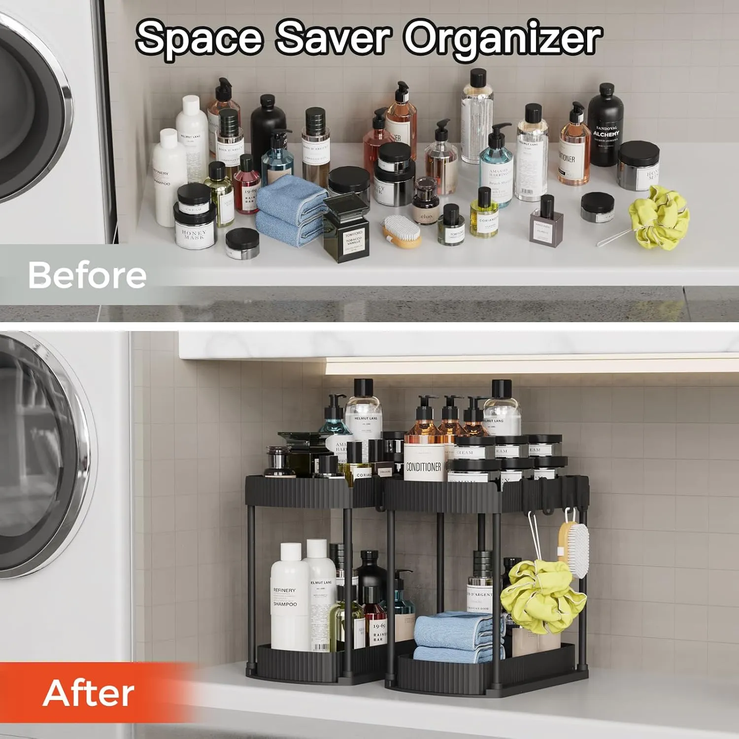 2 Pack Multi-Purpose Pull-Out Storage Organizers, Under Sink Organizers and Storage for Bathroom & Kitchen, Under Cabinet Organizers and storage, 14.8 Inch, Black