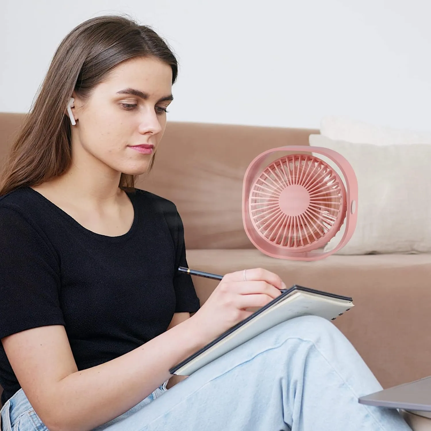 2 Pieces USB Desk Fans Small Quiet, 3 Speeds Portable Table Fan, 360°Rotatable Mini Desk Fan, Five-bladed Turbo Blade, 3.9 Feet Powered by USB with Anti-slip Pad - Pink