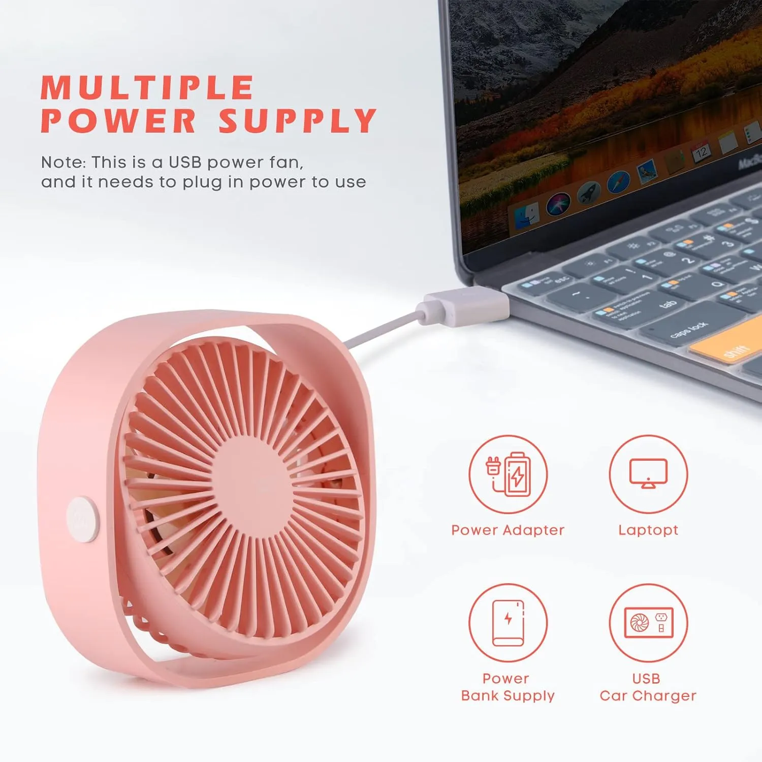 2 Pieces USB Desk Fans Small Quiet, 3 Speeds Portable Table Fan, 360°Rotatable Mini Desk Fan, Five-bladed Turbo Blade, 3.9 Feet Powered by USB with Anti-slip Pad - Pink