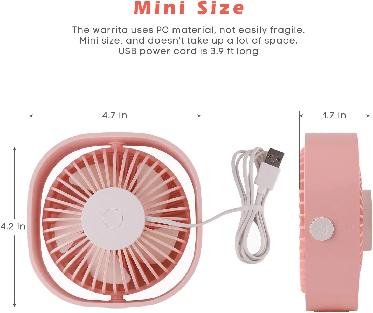 2 Pieces USB Desk Fans Small Quiet, 3 Speeds Portable Table Fan, 360°Rotatable Mini Desk Fan, Five-bladed Turbo Blade, 3.9 Feet Powered by USB with Anti-slip Pad - Pink