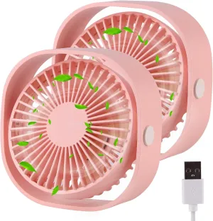 2 Pieces USB Desk Fans Small Quiet, 3 Speeds Portable Table Fan, 360°Rotatable Mini Desk Fan, Five-bladed Turbo Blade, 3.9 Feet Powered by USB with Anti-slip Pad - Pink