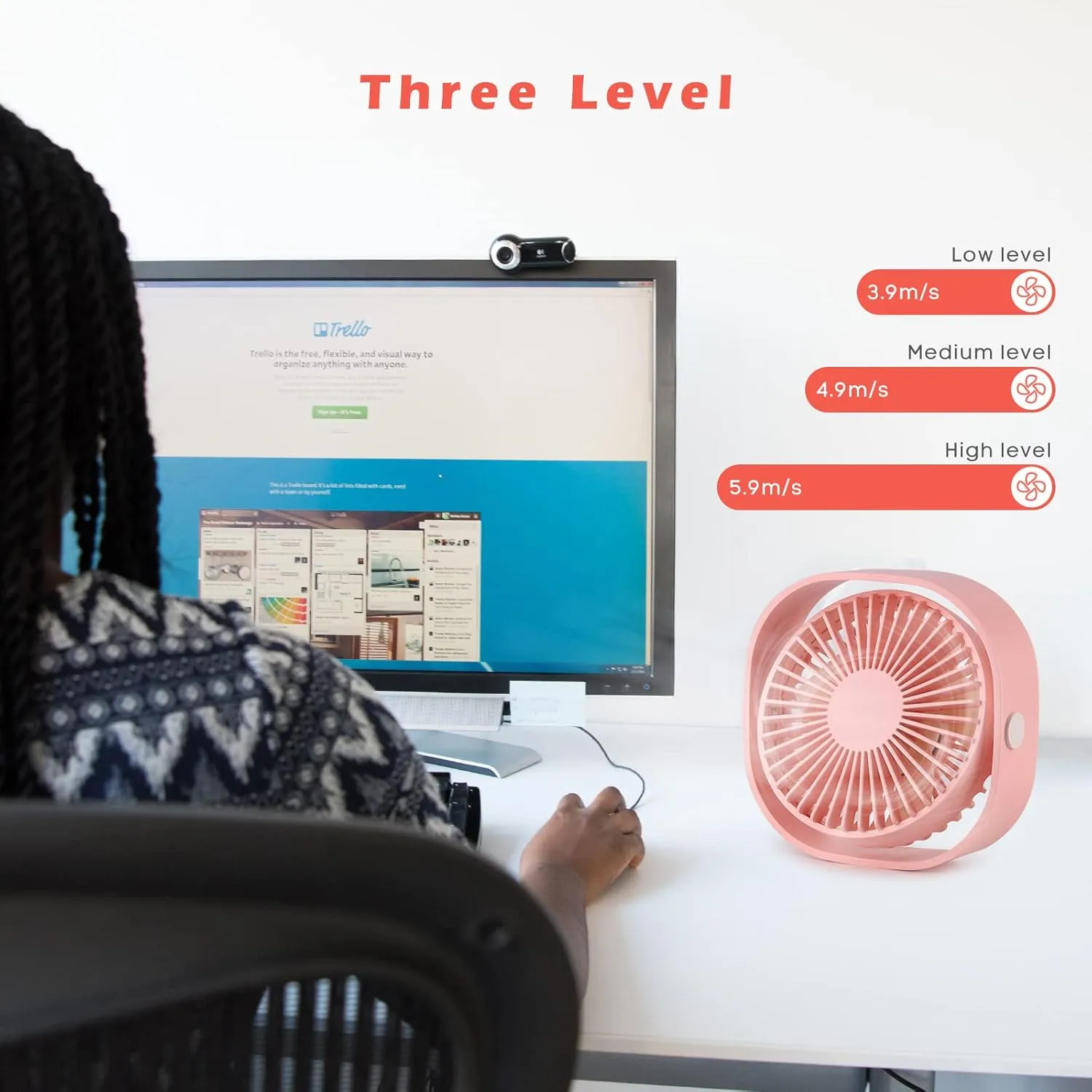 2 Pieces USB Desk Fans Small Quiet, 3 Speeds Portable Table Fan, 360°Rotatable Mini Desk Fan, Five-bladed Turbo Blade, 3.9 Feet Powered by USB with Anti-slip Pad - Pink