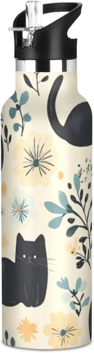20 oz Cat Black Flower Water Bottle with Straw Lid 304 Stainless Reusable Insulated Bottles