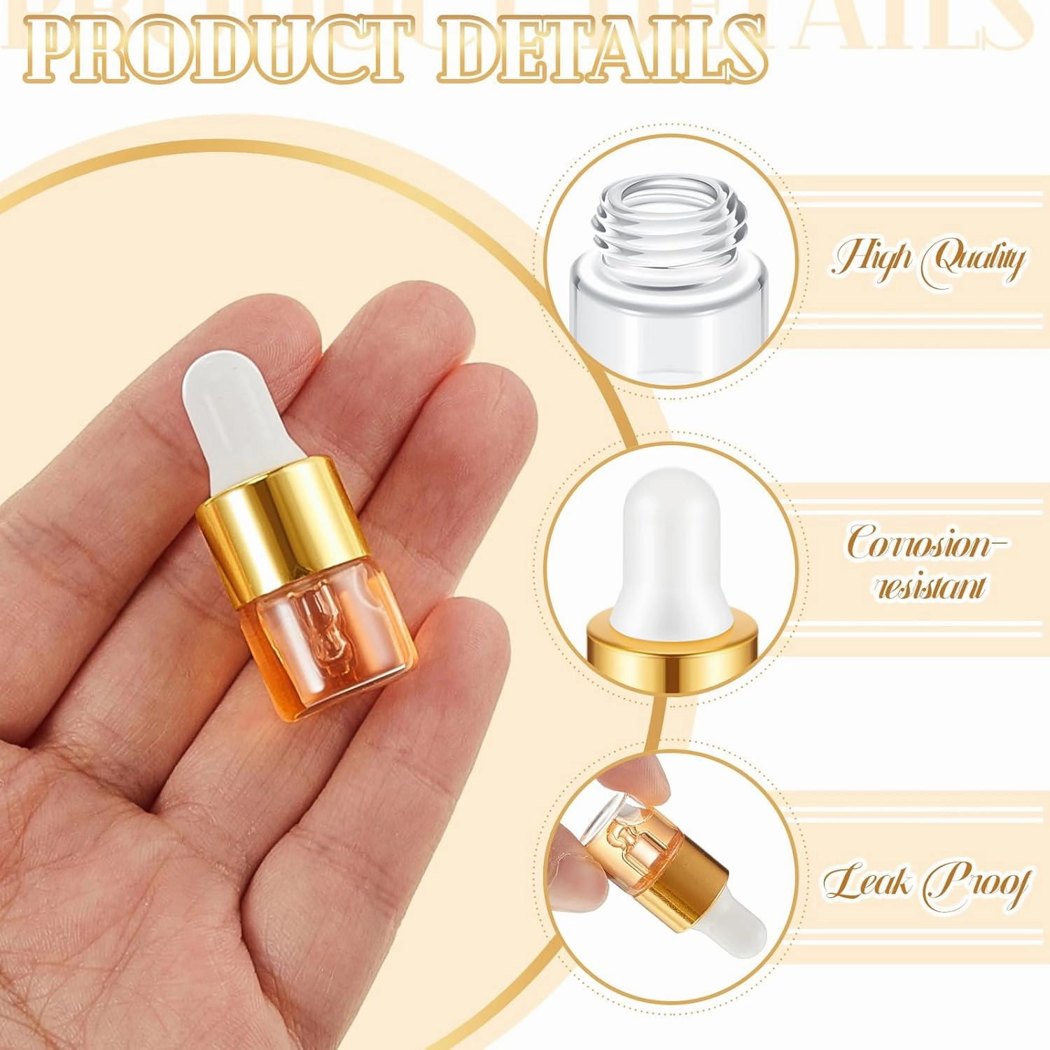 200 Pcs Mini Glass Dropper Bottles Mini Sample Bottles Small Sample Vials with Lid for Traveling Essential Oils Cosmetic Liquid Perfume(1 ml,Gold)