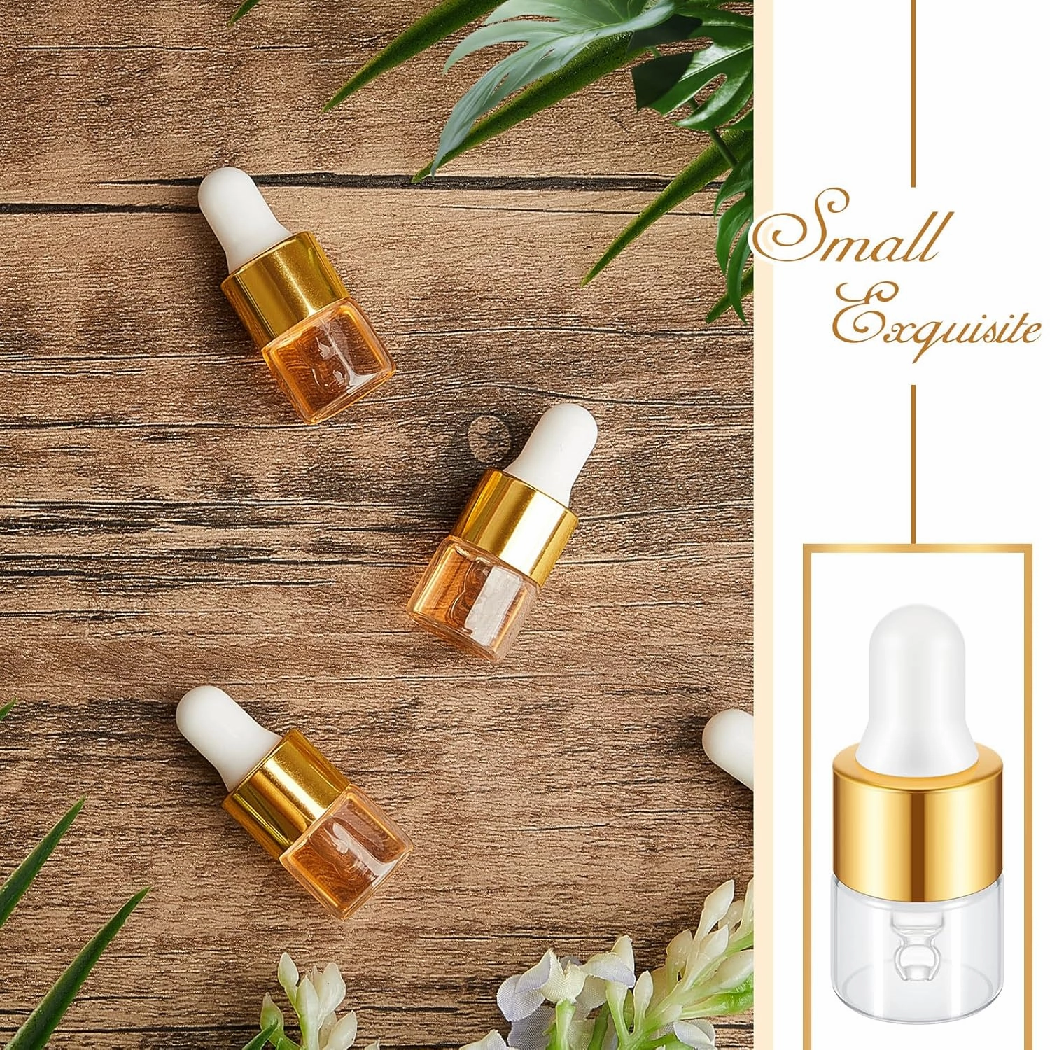 200 Pcs Mini Glass Dropper Bottles Mini Sample Bottles Small Sample Vials with Lid for Traveling Essential Oils Cosmetic Liquid Perfume(1 ml,Gold)
