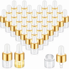 200 Pcs Mini Glass Dropper Bottles Mini Sample Bottles Small Sample Vials with Lid for Traveling Essential Oils Cosmetic Liquid Perfume(1 ml,Gold)