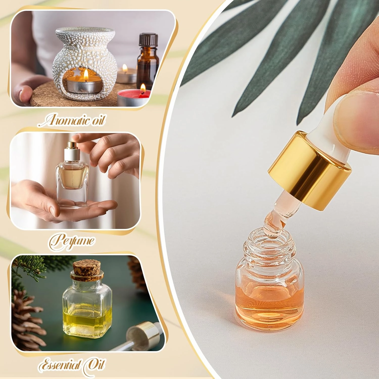 200 Pcs Mini Glass Dropper Bottles Mini Sample Bottles Small Sample Vials with Lid for Traveling Essential Oils Cosmetic Liquid Perfume(1 ml,Gold)