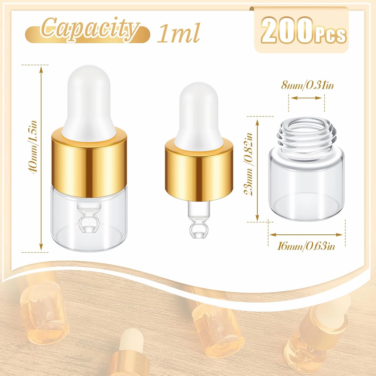 200 Pcs Mini Glass Dropper Bottles Mini Sample Bottles Small Sample Vials with Lid for Traveling Essential Oils Cosmetic Liquid Perfume(1 ml,Gold)