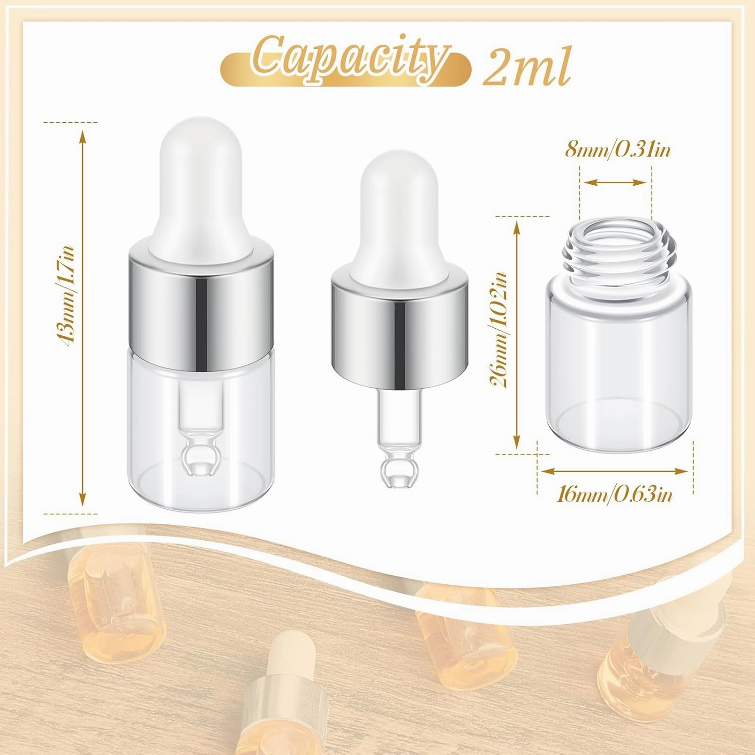 200 Pcs Mini Glass Dropper Bottles Mini Sample Bottles Small Sample Vials with Lid for Traveling Essential Oils Cosmetic Liquid Perfume(2 ml,Silver)