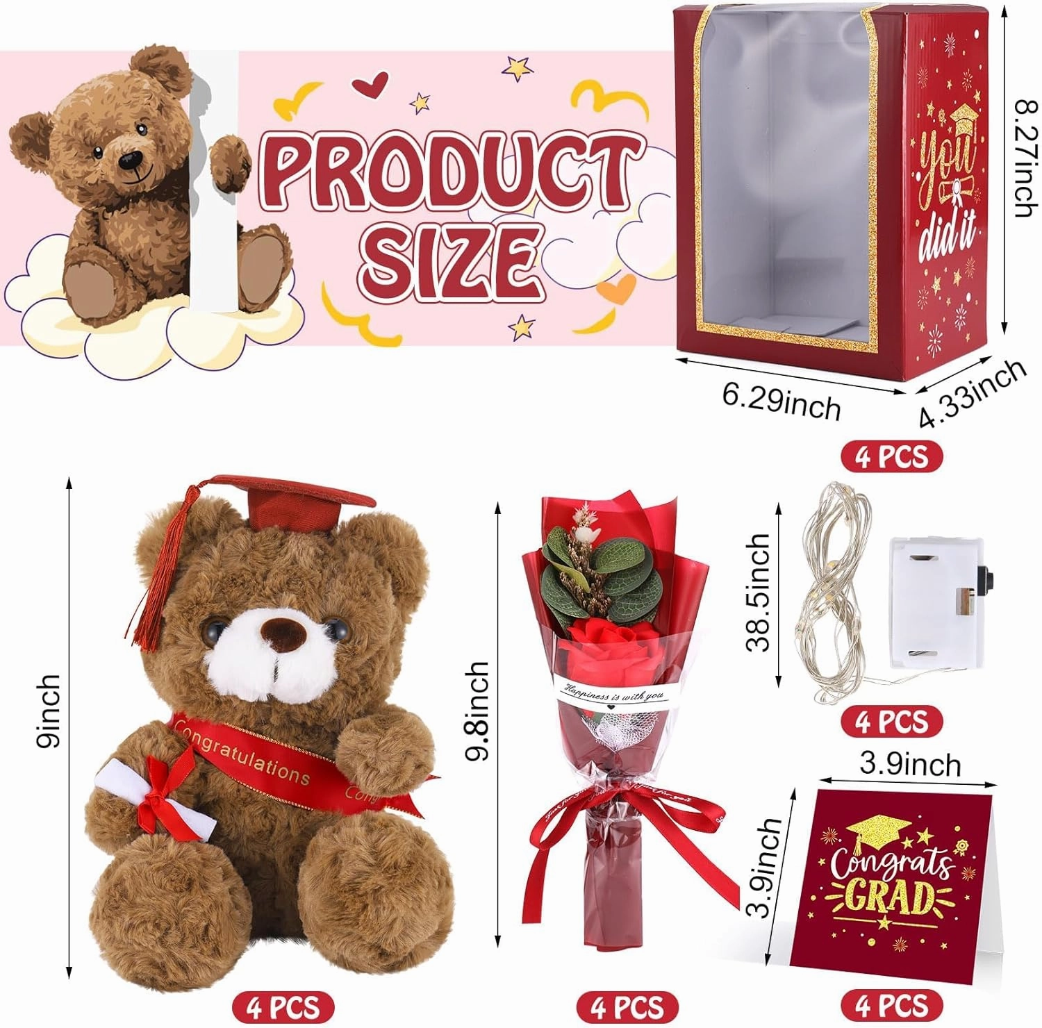 2025 Graduation Gifts Set Plush Stuffed Teddy Bears Artificial Soap Flower Congrats Greeting Card Box with Window Graduation Gifts for Her Him College Adult