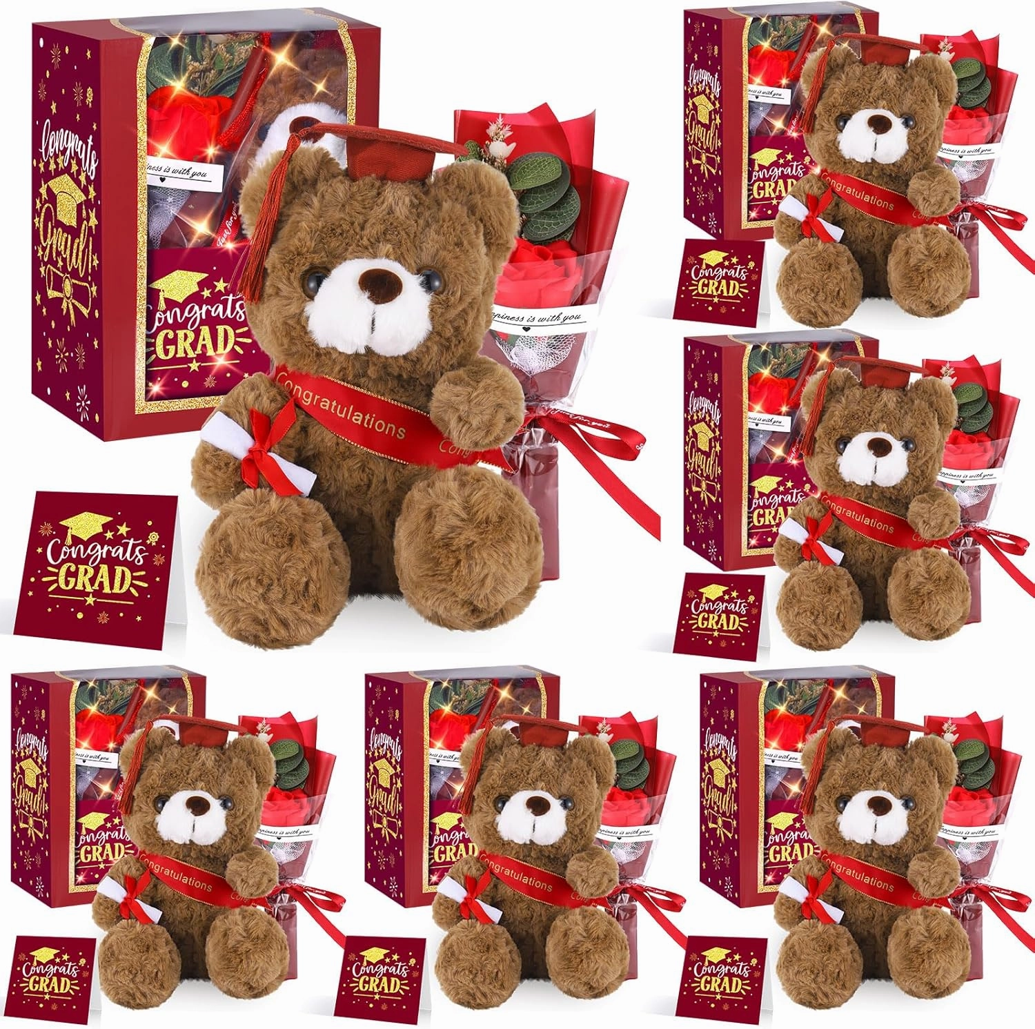 2025 Graduation Gifts Set Plush Stuffed Teddy Bears Artificial Soap Flower Congrats Greeting Card Box with Window Graduation Gifts for Her Him College Adult