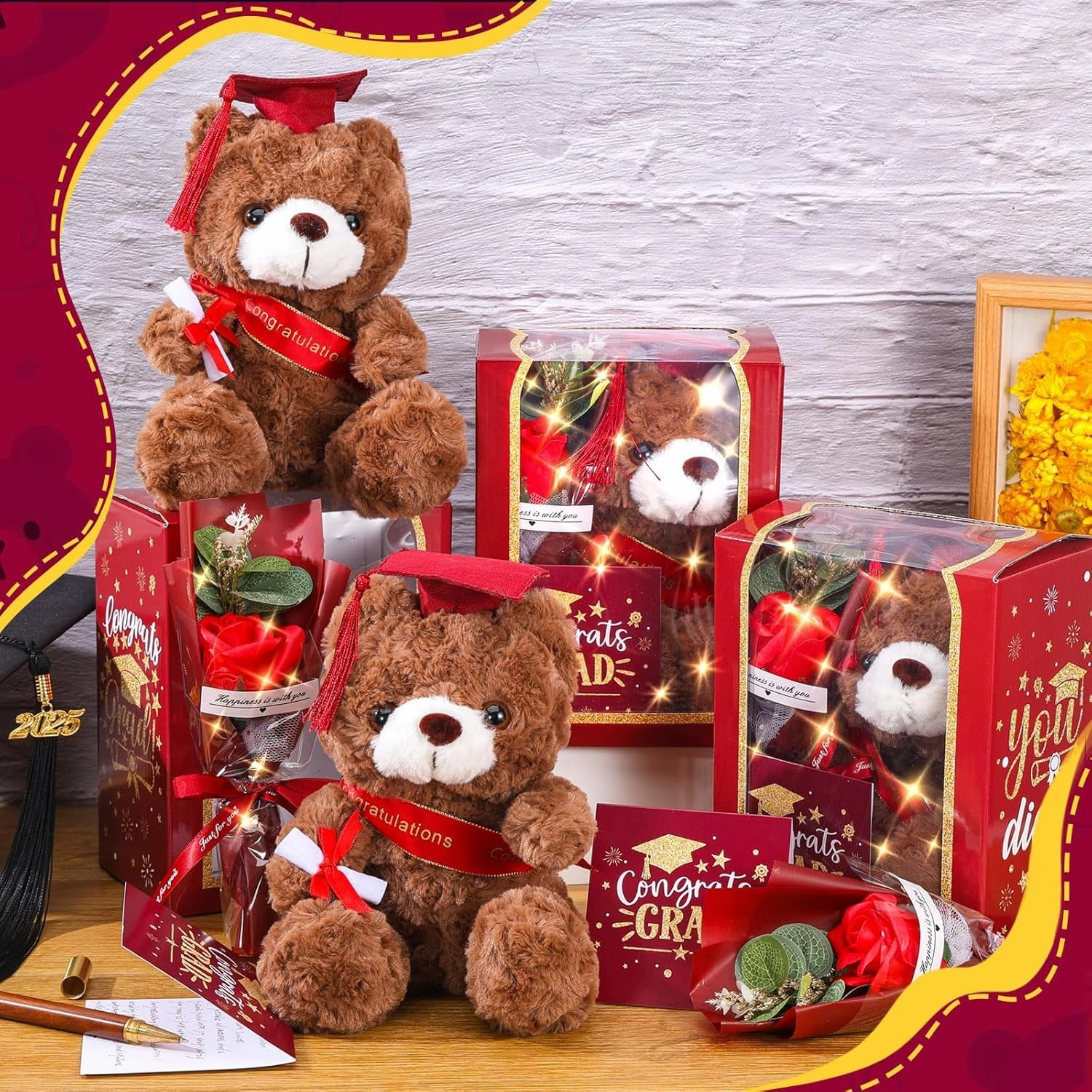 2025 Graduation Gifts Set Plush Stuffed Teddy Bears Artificial Soap Flower Congrats Greeting Card Box with Window Graduation Gifts for Her Him College Adult