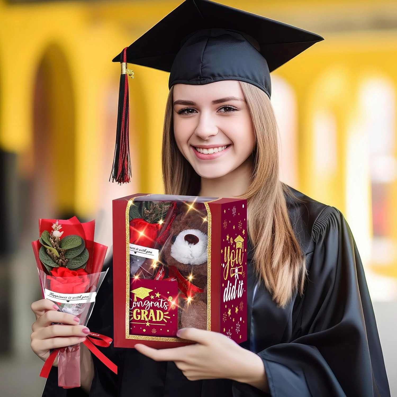 2025 Graduation Gifts Set Plush Stuffed Teddy Bears Artificial Soap Flower Congrats Greeting Card Box with Window Graduation Gifts for Her Him College Adult