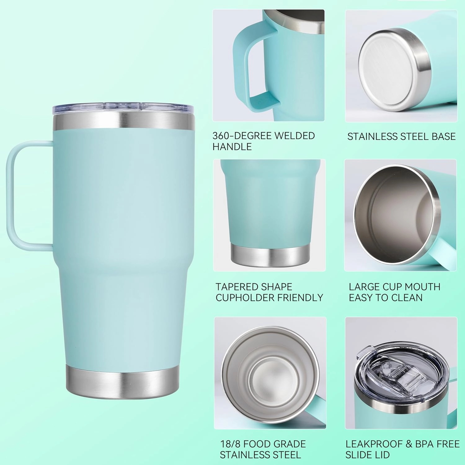 20 oz Stainless Steel Tumbler with Handle Metal Insulated Coffee Travel Mug with Handle Double Wall Tumbler Cup with Lid and Straw, Mint Green 1 Pack