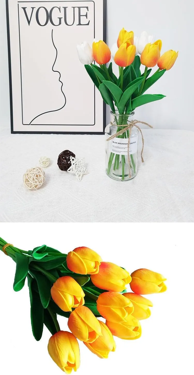 20pcs Faux Silk Flowers Fake Tulips Real Touch Artificial Tulips for Kitchen Wedding Home Decor Office Decor Arrangements Easter Decor (Sunset red 20 PCS)