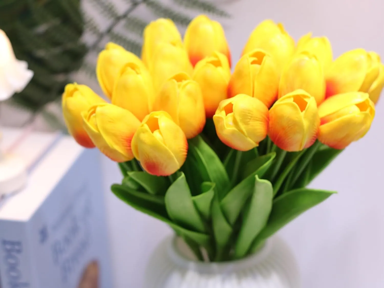 20pcs Faux Silk Flowers Fake Tulips Real Touch Artificial Tulips for Kitchen Wedding Home Decor Office Decor Arrangements Easter Decor (Sunset red 20 PCS)