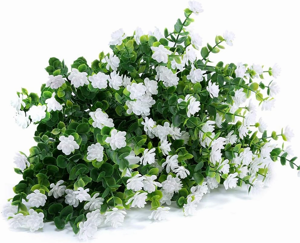 24 Bundles Outdoor Artificial Fake Flowers No Fade UV Resistant Faux Plastic Plants for Hanging Planter Patio Yard Wedding Indoor Home Kitchen Farmhouse Décor (White)