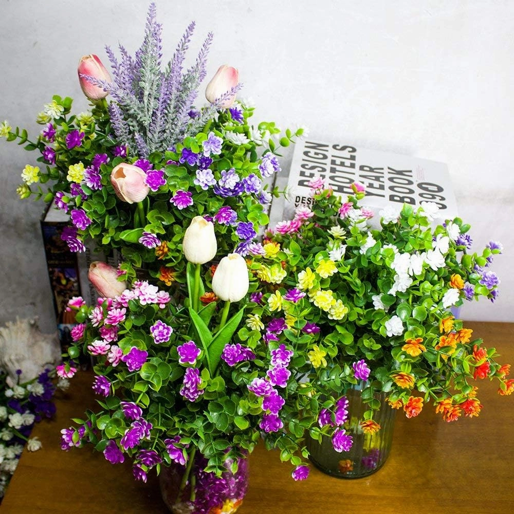 24 Bundles Outdoor Artificial Fake Flowers No Fade UV Resistant Faux Plastic Plants for Hanging Planter Patio Yard Wedding Indoor Home Kitchen Farmhouse Décor (White)