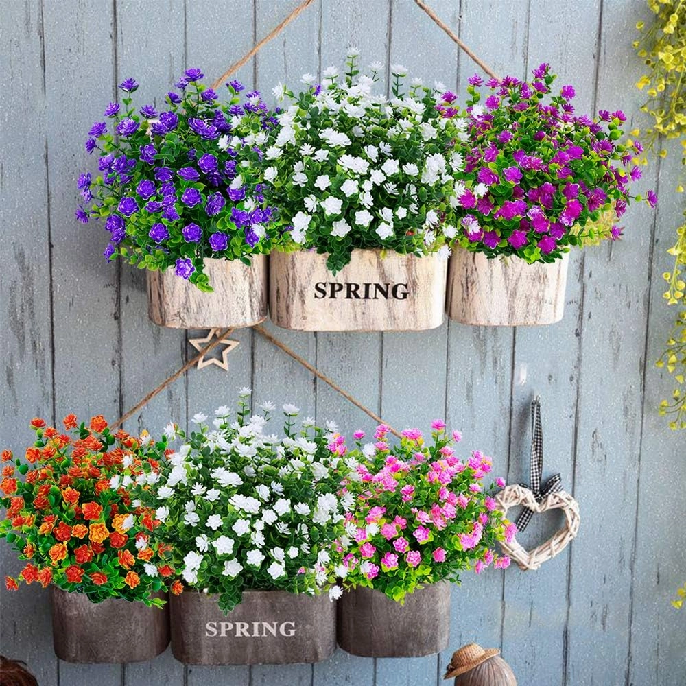 24 Bundles Outdoor Artificial Fake Flowers No Fade UV Resistant Faux Plastic Plants for Hanging Planter Patio Yard Wedding Indoor Home Kitchen Farmhouse Décor (White)