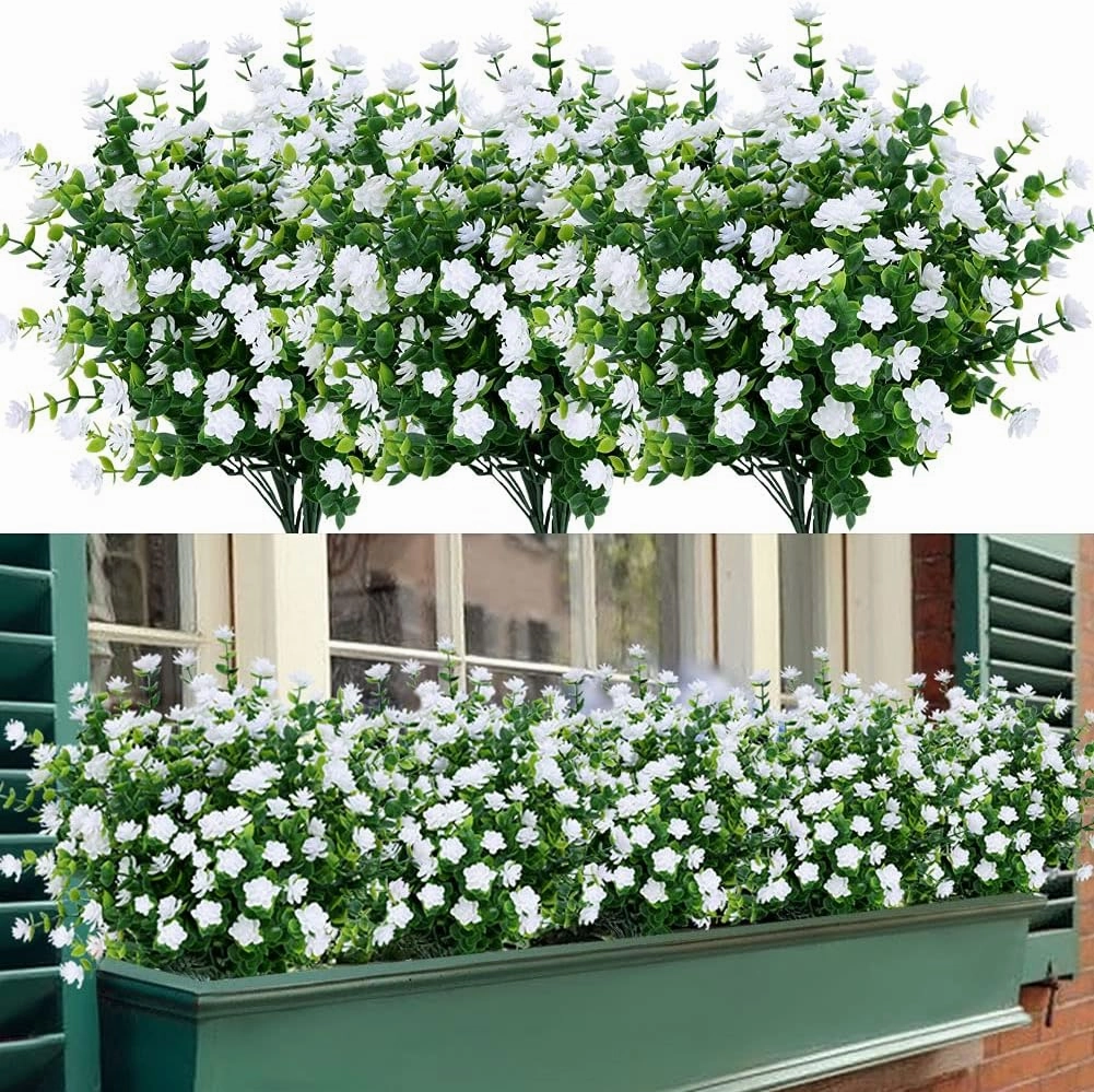24 Bundles Outdoor Artificial Fake Flowers No Fade UV Resistant Faux Plastic Plants for Hanging Planter Patio Yard Wedding Indoor Home Kitchen Farmhouse Décor (White)