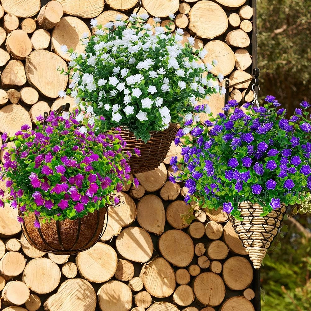 24 Bundles Outdoor Artificial Fake Flowers No Fade UV Resistant Faux Plastic Plants for Hanging Planter Patio Yard Wedding Indoor Home Kitchen Farmhouse Décor (White)
