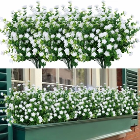 24 Bundles Outdoor Artificial Fake Flowers No Fade UV Resistant Faux Plastic Plants for Hanging Planter Patio Yard Wedding Indoor Home Kitchen Farmhouse Décor (White)