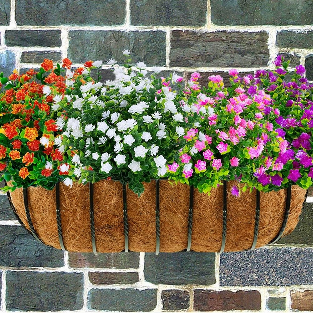 24 Bundles Outdoor Artificial Fake Flowers No Fade UV Resistant Faux Plastic Plants for Hanging Planter Patio Yard Wedding Indoor Home Kitchen Farmhouse Décor (White)