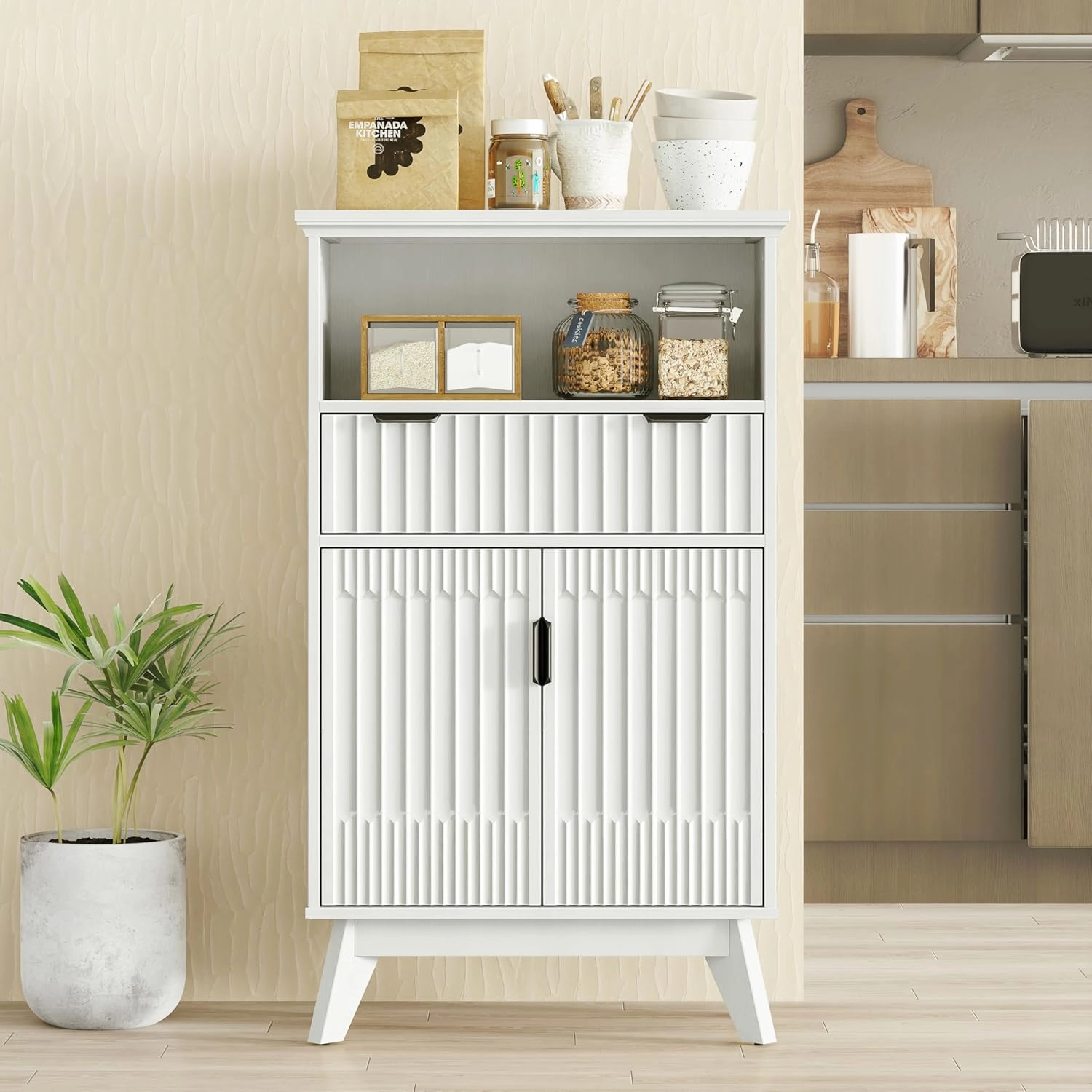 24" Wide Bathroom Floor Cabinet, Kitchen Buffet Cabinets with Adjustable Shelf, Modern Fluted Accent Cabinet Credenza for Dinning Room, Entryway, Living Room, Small Space, Hallway ﻿ (White)