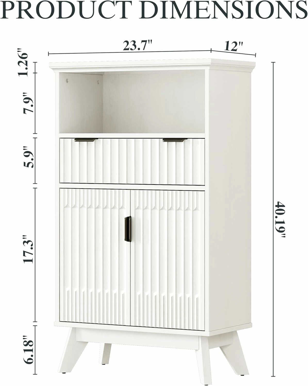 24" Wide Bathroom Floor Cabinet, Kitchen Buffet Cabinets with Adjustable Shelf, Modern Fluted Accent Cabinet Credenza for Dinning Room, Entryway, Living Room, Small Space, Hallway ﻿ (White)