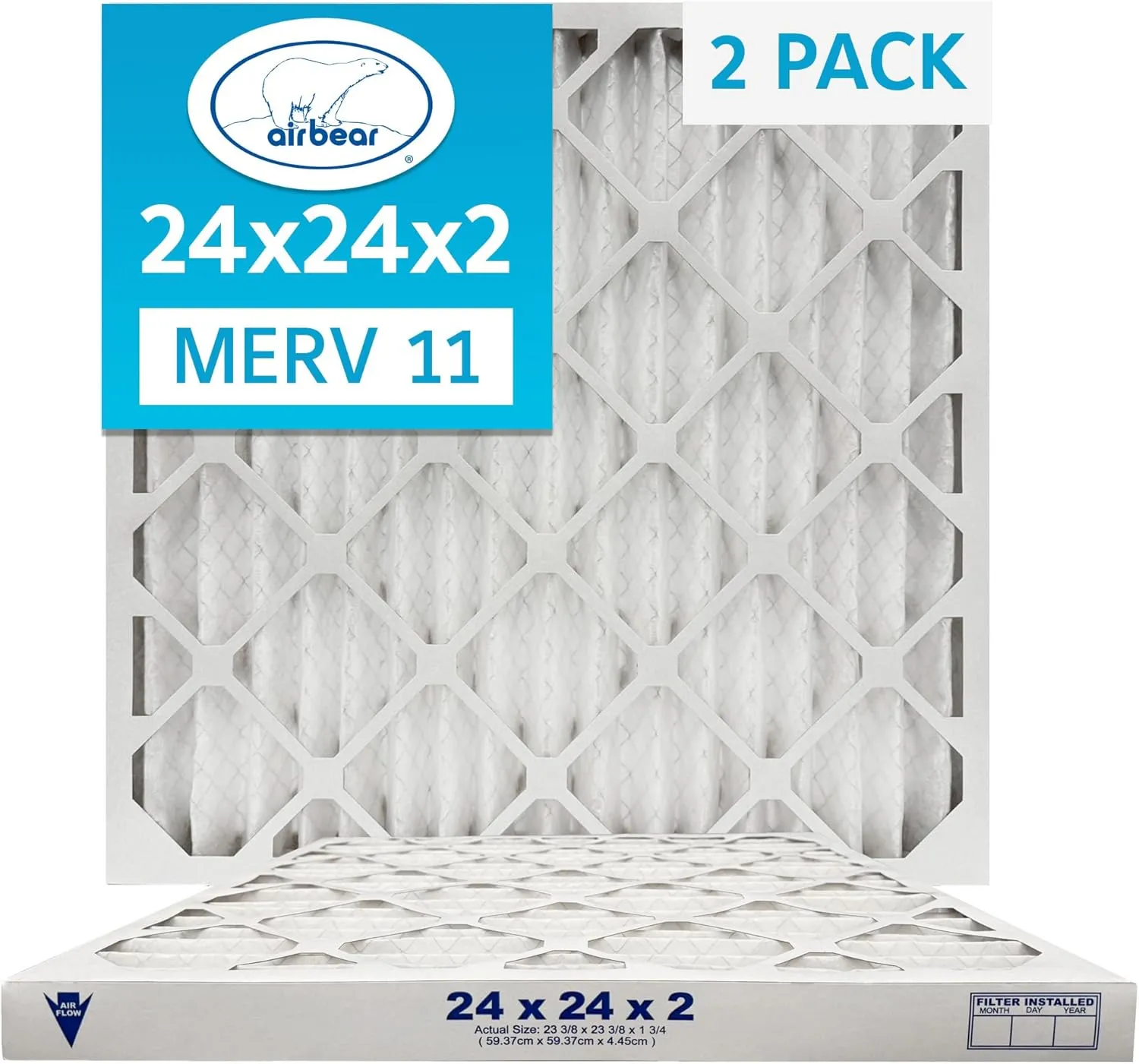 24x24x2 Air Filter MERV 11 (2-Pack) TRION Air Bear Pleated HVAC Air Filter Replacement (Actual Size: 23.38 x 23.38 x 1.75 Inches)
