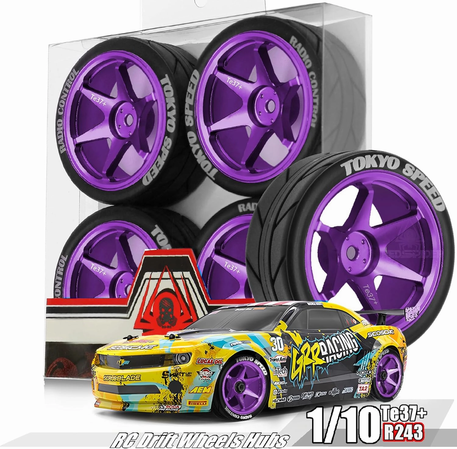 2.56'' RC On-Road Tires and Aluminum Wheel Rim Set 6-Spokes Wheels 1/10 RC Rally Racing 12mm HEX for Tamiya TT01 TT02 XV01 TA06 A959 PTG2 HPI KYOSHO PTG2 Road Trip Drift Car R243 (Purple)