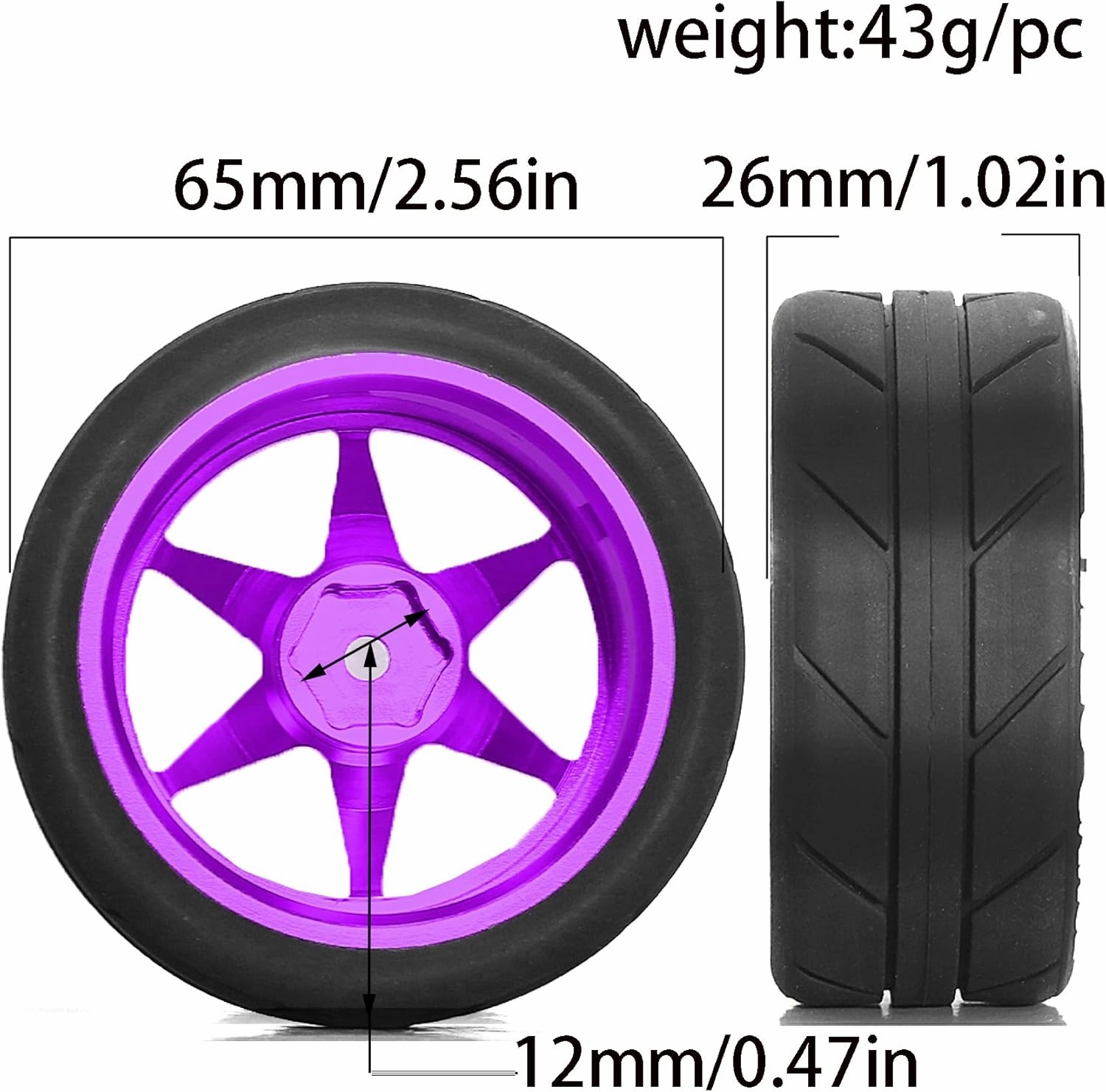 2.56'' RC On-Road Tires and Aluminum Wheel Rim Set 6-Spokes Wheels 1/10 RC Rally Racing 12mm HEX for Tamiya TT01 TT02 XV01 TA06 A959 PTG2 HPI KYOSHO PTG2 Road Trip Drift Car R243 (Purple)