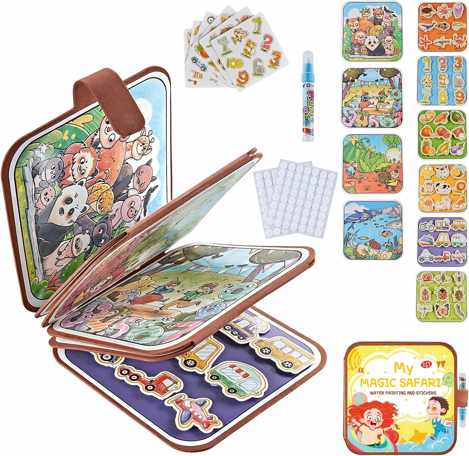 2-in-1 Busy Board Montessori Toys for Toddlers, Reusable Water Painting Books, Busy Book Sensory Toys Birthday Gifts Ages 1-4 Year Old, Kids Learning Educational Toy Travel Activities