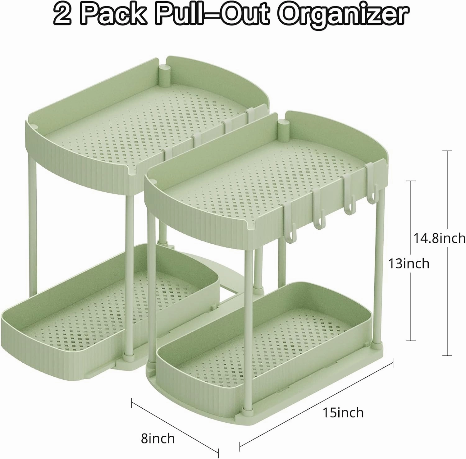 2 Pack Multi-Purpose Pull-Out Storage Organizers, Under Sink Organizers and Storage for Bathroom & Kitchen, Under Cabinet Organizers and storage, 14.8 Inch, Green