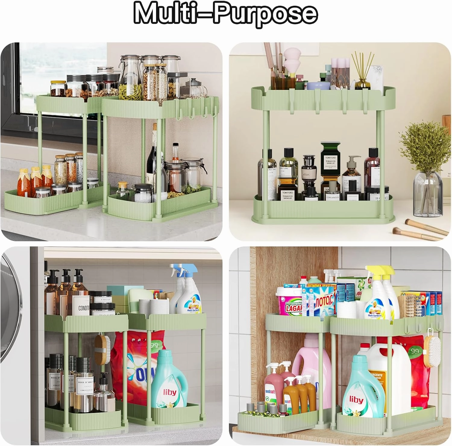 2 Pack Multi-Purpose Pull-Out Storage Organizers, Under Sink Organizers and Storage for Bathroom & Kitchen, Under Cabinet Organizers and storage, 14.8 Inch, Green