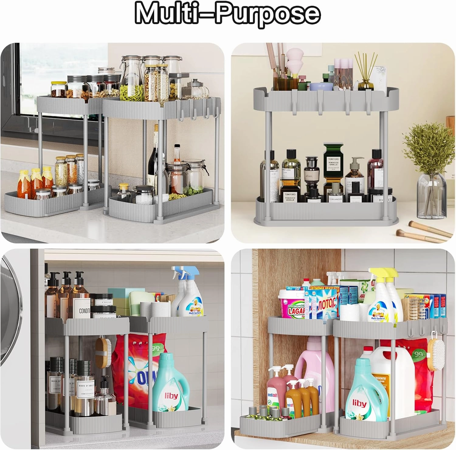 2 Pack Multi-Purpose Pull-Out Storage Organizers, Under Sink Organizers and Storage for Bathroom & Kitchen, Under Cabinet Organizers and storage, 14.8 Inch, Grey