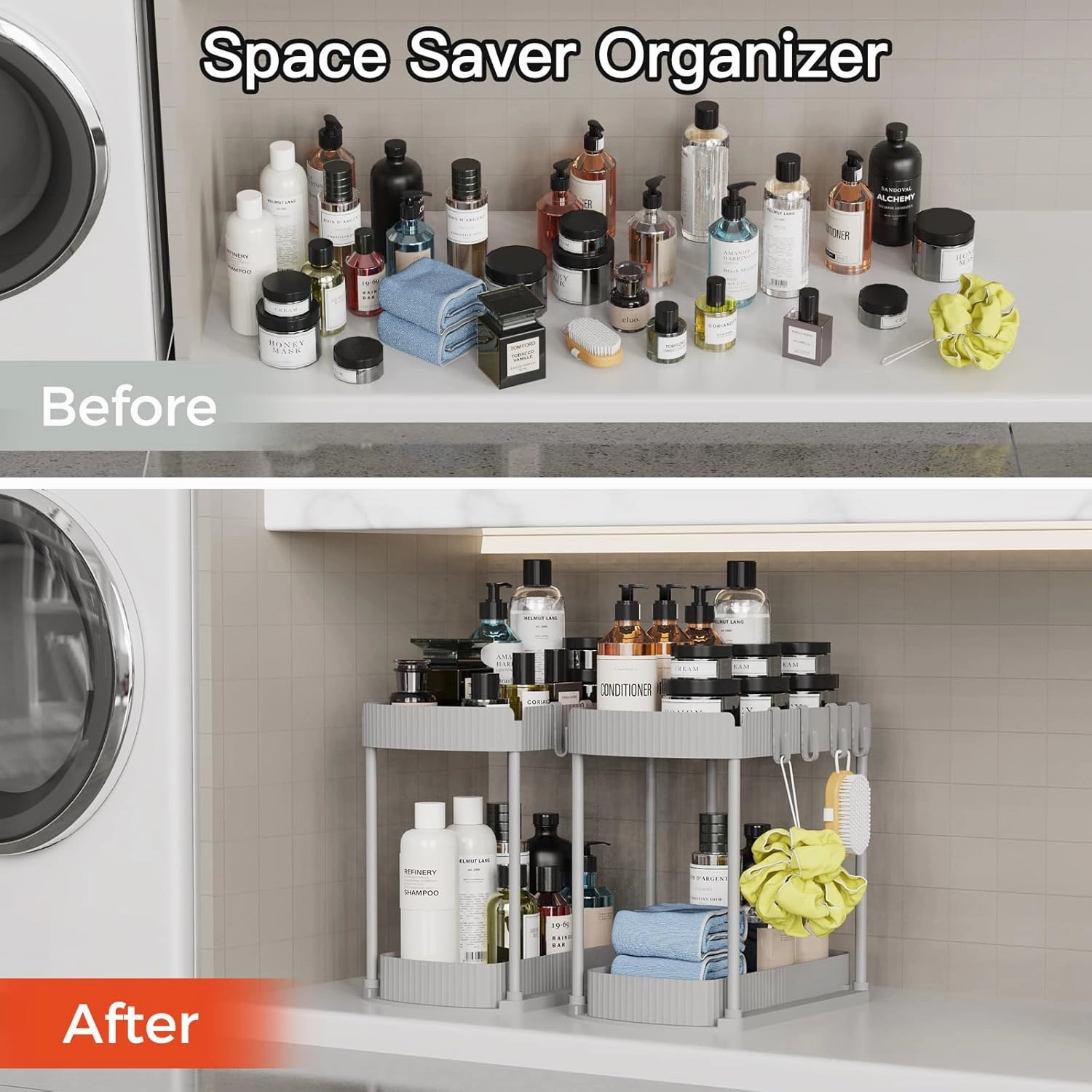 2 Pack Multi-Purpose Pull-Out Storage Organizers, Under Sink Organizers and Storage for Bathroom & Kitchen, Under Cabinet Organizers and storage, 14.8 Inch, Grey