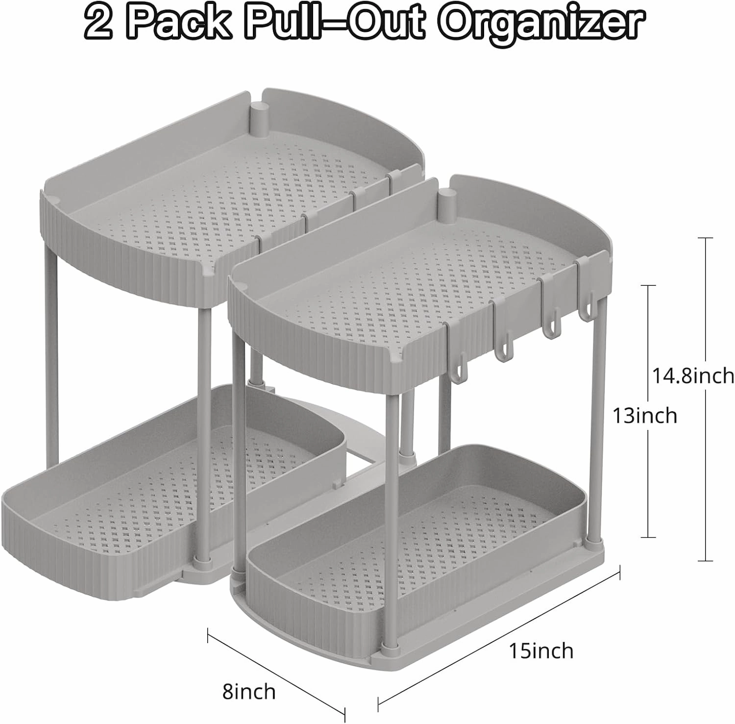 2 Pack Multi-Purpose Pull-Out Storage Organizers, Under Sink Organizers and Storage for Bathroom & Kitchen, Under Cabinet Organizers and storage, 14.8 Inch, Grey