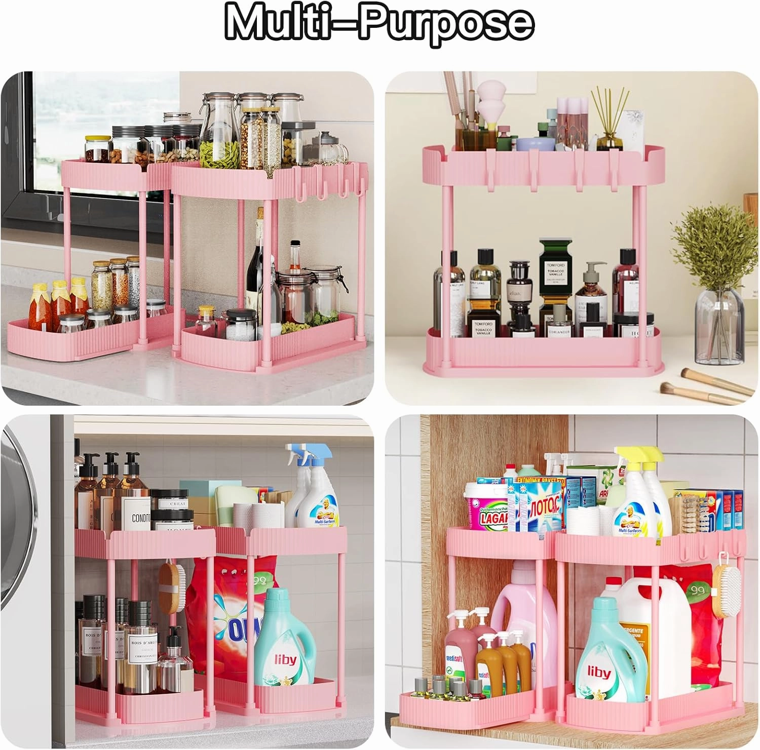 2 Pack Multi-Purpose Pull-Out Storage Organizers, Under Sink Organizers and Storage for Bathroom & Kitchen, Under Cabinet Organizers and storage, 14.8 Inch, Pink
