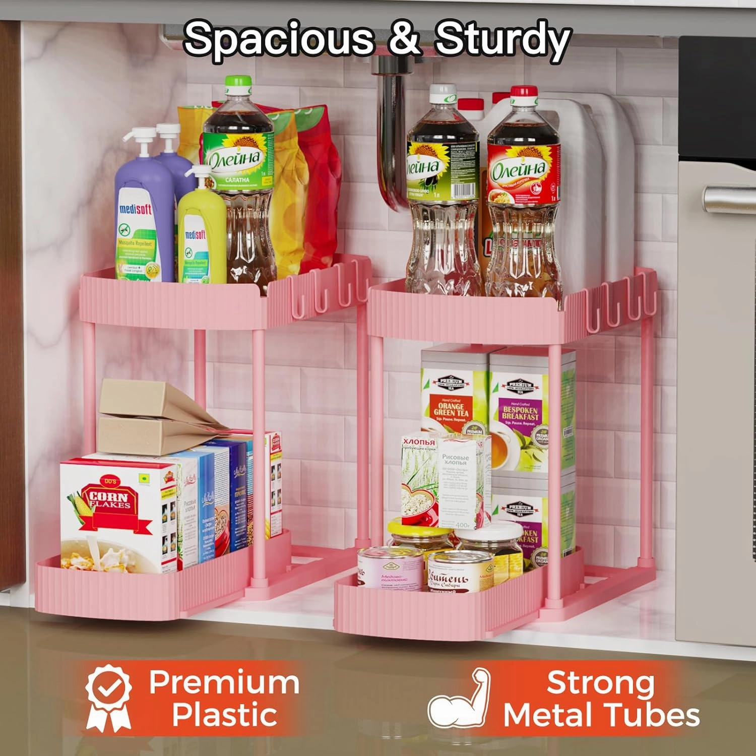 2 Pack Multi-Purpose Pull-Out Storage Organizers, Under Sink Organizers and Storage for Bathroom & Kitchen, Under Cabinet Organizers and storage, 14.8 Inch, Pink