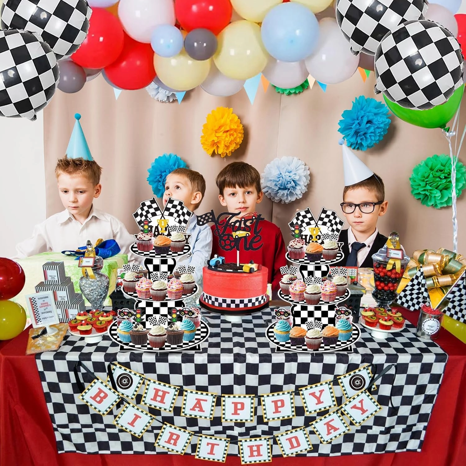 2 Pack Race Car Cupcake Stands Birthday Party Supplies, Two Fast Cars Decorations Truck Theme Favors - 3 Tier Cardboard Cup Cake Holder Tower