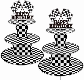 2 Pack Race Car Cupcake Stands Birthday Party Supplies, Two Fast Cars Decorations Truck Theme Favors - 3 Tier Cardboard Cup Cake Holder Tower