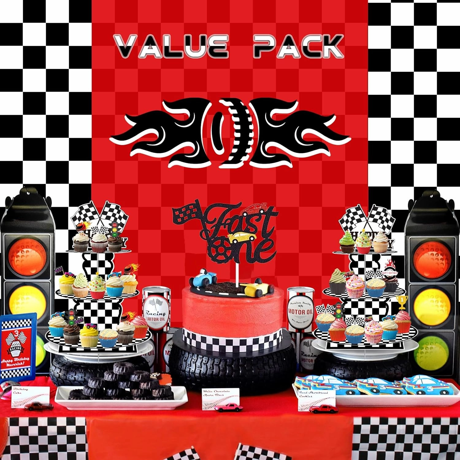 2 Pack Race Car Cupcake Stands Birthday Party Supplies, Two Fast Cars Decorations Truck Theme Favors - 3 Tier Cardboard Cup Cake Holder Tower